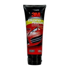 Vista frontal de um tubo preto de removedor de riscos 3M Elimina Riscos com gráfico de carro esportivo vermelho, 120 g.