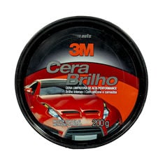 Vista superior da tampa preta de 3M Cera Brilho mostrando o nome do produto, o gráfico de carro esportivo vermelho e o tamanho de 200 g.