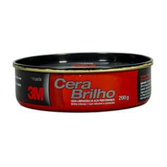 Vista frontal de uma lata preta de cera automotiva 3M Cera Brilho com rótulo vermelho, 200 g.