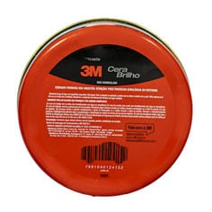 Vista inferior de uma lata de 3M Cera Brilho mostrando informações do produto, detalhes de contato e código de barras.
