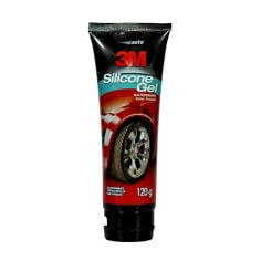 Vista frontal de um tubo preto de gel de silicone para brilho de pneus 3M Silicone Gel com gráfico de carro vermelho, 120 g.