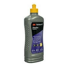 Vista do lado esquerdo de um frasco cinza de polidor 3M Perfect-It Ultrafina Finalizador mostrando painel de aderência texturizado, 500 ml.