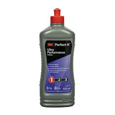 Vista frontal de um frasco cinza de polidor 3M Perfect-It Ultra Performance com rótulo roxo e tampa vermelha, 500 ml.