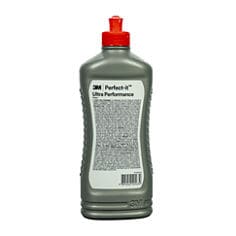 Vista traseira de um frasco cinza de polidor 3M Perfect-It Ultra Performance mostrando informações do produto e código de barras, 500 ml.