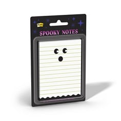 Post-it® Spooky Notes 342 card right image showing the right side view of square purple cat face adhesive notes on black packaging. Text on pack includes “Post-it,” “Spooky Notes,” “Notas Adhesivas,” “Cont. 100 Notes/Notas,” and “3.1 in x 3.1 in.”