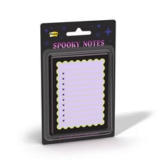 Post-it® Spooky Notes 343 card right image showing the right side view of square pink and purple cat face adhesive notes on black packaging. Text on pack includes “Post-it,” “Spooky Notes,” “Notas Adhesivas,” “Cont. 50 Notes/Notas,” and “3.1 in x 3.1 in.”