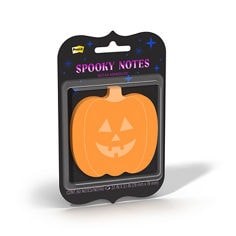 Post-it® Spooky Notes DCP2 card right image showing the right side view of square orange pumpkin design adhesive notes on black packaging. Text on pack includes “Post-it,” “Spooky Notes,” “Notas Adhesivas,” “Cont. 50 Notes/Notas,” and “3.1 in x 3.1 in.”
