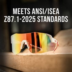 Key Visual image of 3M™ Mirrored Safety Eyewear Multi-Colored Lens, catalog ID 47317, highlighting that it meets safety standards. B+ Content