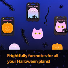 Post-it® Spooky Notes National B+ image with a Halloween-themed message and product packaging. Visible text includes “Spooky Notes” and “Frightfully fun notes for all your Halloween plans!”