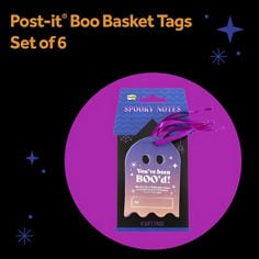 Post-it® Halloween-themed Boo Basket Tags product asset featuring Post-it® packaging on a colored background. Text in image: “Post-it® Boo Basket Tags,” “Set of 4,” “SPOOKY NOTES,” “You’ve been BOO’d!,” and “6 GIFT TAGS.”