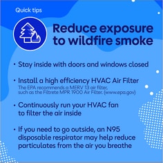 The heading quick tips and the headline reduce exposure to wildfire smoke. A circular icon near the top left shows a white tree outline with a flame element. The graphic includes bullet points that say to stay inside with doors and windows closed, install a high efficiency HVAC air filter, continuously run the HVAC fan to filter the air inside, and use an N95 disposable respirator if going outside. Smaller body text states that the EPA recommends a MERV 13 air filter, such as the Filtrete MPR 1900 Air Filter. The background includes light and dark blue wave shapes, white dotted accents, and dark navy and white text.