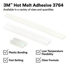 Product assortment graphic showing clear hot melt adhesive sticks. The asset states 3Mâ„¢ Hot Melt Adhesive 3764, available in a variety of sizes and quantities, plastic bonding, fast setting, low temperature flexibility, clear formula.
