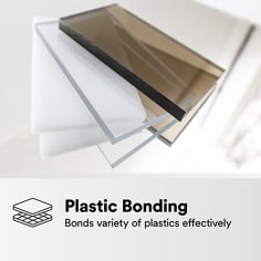 Plastic sheet materials are shown to represent plastic bonding. The asset states Plastic Bonding, bonds variety of plastics effectively.