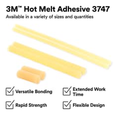 Product assortment graphic showing tan hot melt adhesive sticks and pellets. The asset states 3Mâ„¢ Hot Melt Adhesive 3747, available in a variety of sizes and quantities, versatile bonding, rapid strength, extended work time, flexible design.