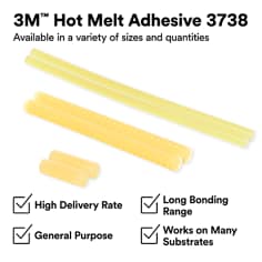 Product assortment graphic showing tan adhesive sticks and pellets. The asset states 3Mâ„¢ Hot Melt Adhesive 3738, available in a variety of sizes and quantities, high delivery rate, general purpose, long bonding range, works on many substrates.