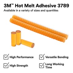 Product assortment graphic showing brown hot melt adhesive sticks and pellets. The asset states 3Mâ„¢ Hot Melt Adhesive 3789, available in a variety of sizes and quantities, high performance, high strength, versatile bonding, long working time.