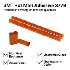 Product assortment graphic showing amber hot melt adhesive sticks and pellets. The asset states 3Mâ„¢ Hot Melt Adhesive 3779, available in a variety of sizes and quantities, high heat resistance, amber color, electronics grade, thermoplastic design.