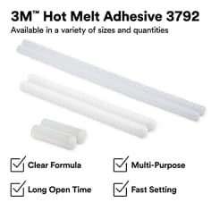 Product assortment graphic showing clear hot melt adhesive sticks and pellets. The asset states 3Mâ„¢ Hot Melt Adhesive 3792, available in a variety of sizes and quantities, clear formula, long open time, multi-purpose, fast setting.