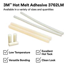 Product assortment graphic showing light amber and clear adhesive sticks. The asset states 3Mâ„¢ Hot Melt Adhesive 3762LM, available in a variety of sizes and quantities, low temperature, versatile bonding, excellent hot tack, clean look.