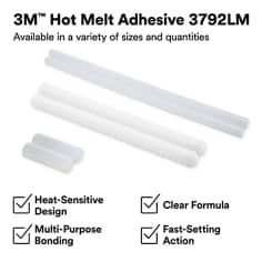 Product assortment graphic showing clear hot melt adhesive sticks and pellets. The asset states 3Mâ„¢ Hot Melt Adhesive 3792LM, available in a variety of sizes and quantities, heat