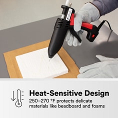Hot melt applicator is used on a heat-sensitive material surface. The asset states Heat-Sensitive Design, 250â€“270 Â°F protects delicate materials like beadboard and foams.