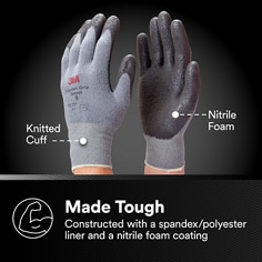 Shows front and back views of the winter glove with material callouts. Knitted Cuff, Nitrile Foam, Made Tough, Constructed with a spandex/polyester liner and a nitrile foam coating.