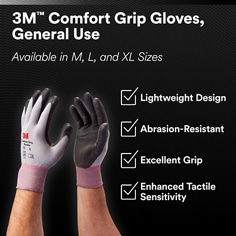 Shows general-use gloves on a black feature card. 3M™ Comfort Grip Gloves, General Use, Available in M, L, and XL Sizes, Lightweight Design, Abrasion-Resistant, Excellent Grip, Enhanced Tactile Sensitivity.