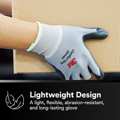 Shows a gloved hand handling cardboard. Lightweight Design, A light, flexible, abrasion-resistant, and long-lasting glove.