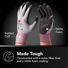Shows front and back views of the general-use glove with material callouts. Knitted Cuff, Nitrile Foam, Made Tough, Constructed with a nylon fiber liner and a nitrile foam coating.