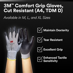 Shows cut-resistant gloves on a black feature card. 3M™ Comfort Grip Gloves, Cut Resistant (A4, TDM D), Available in M, L, and XL Sizes, Maintain Dexterity, Tear Resistant, Excellent Grip, Enhanced Tactile Sensitivity.