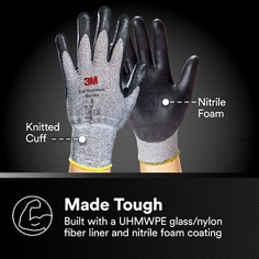 Shows front and back views of the glove with material callouts. Knitted Cuff, Nitrile Foam, Made Tough, Built with a UHMWPE glass/nylon fiber liner and nitrile foam coating.