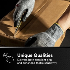 Shows a gloved hand handling or cutting cardboard. Unique Qualities, Delivers both excellent grip and enhanced tactile sensitivity.
