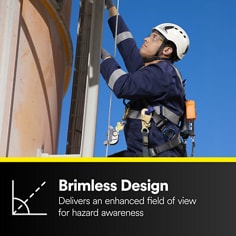 A worker wearing a safety helmet climbs or works at height while secured with fall-protection gear. Brimless Design, Delivers an enhanced field of view for hazard awareness