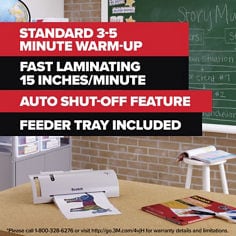 Scotch®, Thermal Laminator Pouches TP3854-200 , standard 3-5 minute warm up, fast laminating, 15 inches/minute, auto shut-off feature, feeder tray included.