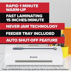 Scotch®, Thermal Laminator Pouches TL909, Image 2, standard 3-5 minute warm up, fast laminating, 15 inches/minute, auto shut-off feature, feeder tray included.