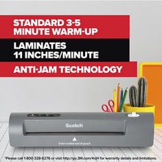 Scotch®, Thermal Laminator Pouches TL901X, Image 1, standard 3-5 minute warm up, fast laminating, 15 inches/minute, auto shut-off feature, feeder tray included.