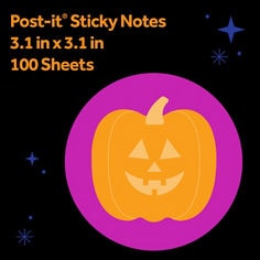 Post-it® Sticky Notes product image featuring a pumpkin Halloween design on a dark background. Text in image: “Post-it® Sticky Notes,” “3.1 in x 3.1 in,” and “100 Sheets.”