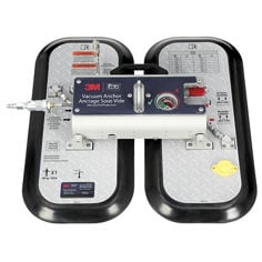 A 3M DBI-SALA self-contained vacuum anchor is shown against a white background. The device has two large vertical suction pads with rounded black rubber edges and silver textured surfaces. Warning and inspection labels are printed on the upper portions of the pads.