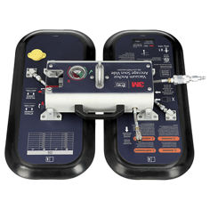 A 3M DBI-SALA self-contained vacuum anchor is shown against a white background. The device has two large vertical suction pads with rounded black rubber edges and silver textured surfaces. Warning and inspection labels are printed on the upper portions of the pads.