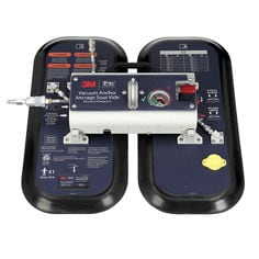 A 3M DBI-SALA self-contained vacuum anchor is shown against a white background. The device has two large vertical suction pads with rounded black rubber edges and silver textured surfaces. Warning and inspection labels are printed on the upper portions of the pads.