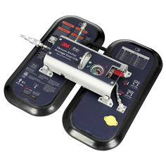 A 3M DBI-SALA self-contained vacuum anchor is shown against a white background. The device has two large vertical suction pads with rounded black rubber edges and silver textured surfaces. Warning and inspection labels are printed on the upper portions of the pads.