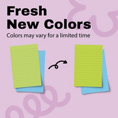 Post-it® Neon Fizz 5845-SSGB-SR B+ From To image with the text “Fresh New Colors” and “Colors may vary for a limited time,” showing two stacks of colorful square notes on a light pink background.