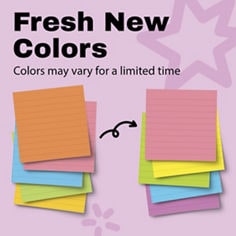 Post-it® Neon Fizz BJ-675-6SSUC B+ From To image with the text “Fresh New Colors” and “Colors may vary for a limited time,” showing two stacks of colorful square notes on a light pink background.