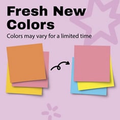 Post-it® Neon Fizz R330-18SSAUCP B+ From To image with the text “Fresh New Colors” and “Colors may vary for a limited time,” showing two stacks of colorful square notes on a light pink background.