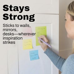 Post-it® Neon Fizz B+ image with the text “Stays Strong” and “Sticks to walls, mirrors, desks—wherever inspiration strikes,” showing colorful sticky notes on a white door, including a grocery list and reminders.