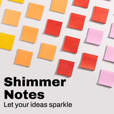 Promotional image showing colorful square note pads with the headline Shimmer Notes and tagline Let Your Ideas Sparkle.