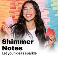 Hero promotional image of a model holding note pads with the headline Shimmer Notes and tagline Let Your Ideas Sparkle.