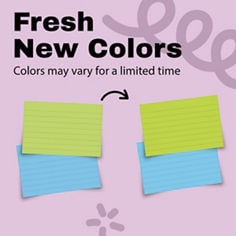 Post-it sticky notes promotional graphic on a light pink background. Text reads “Fresh New Colors” and “Colors may vary for a limited time.” Two stacks of square sticky notes are shown side by side, with an arrow pointing from the orange-topped stack on the left to the pink-topped stack on the right.