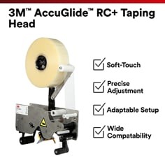 Product feature card showing the 3M AccuGlide RC+ Taping Head. 3M AccuGlide RC+ Taping Head, Soft-Touch, Precise Adjustment, Adaptable Setup, Wide Compatibility.