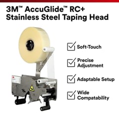 Product feature card showing the 3M AccuGlide RC+ Stainless Steel Taping Head. 3M AccuGlide RC+ Stainless Steel Taping Head, Soft-Touch, Precise Adjustment, Adaptable Setup, Wide Compatibility.